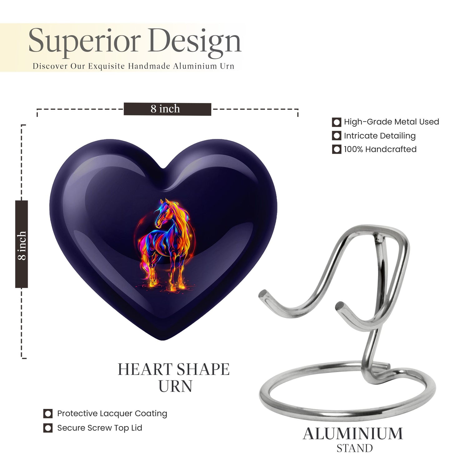 10-inch Abstract Heart Urn for horse ashes, 