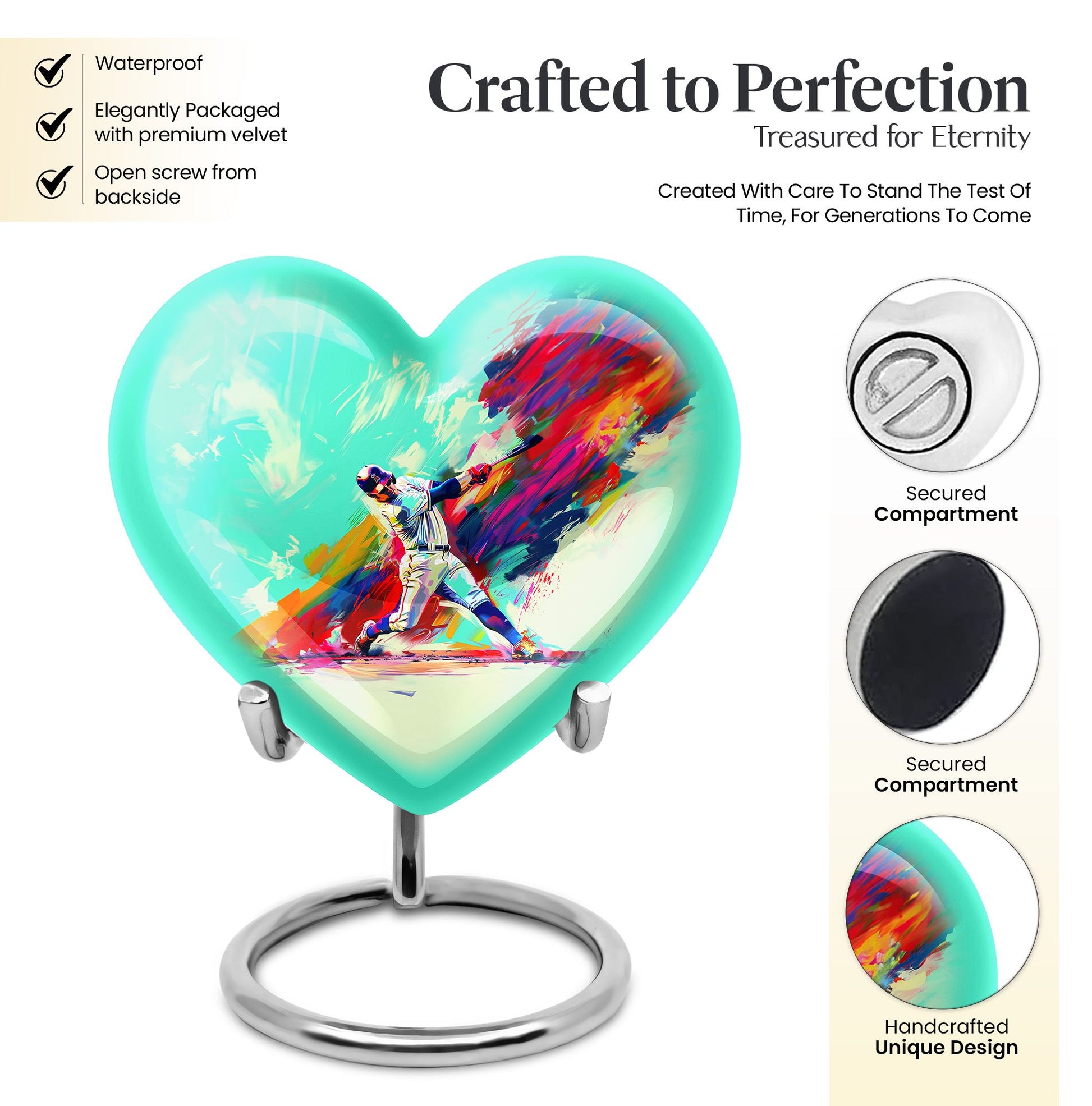 Heart-shaped baseball cremation urn