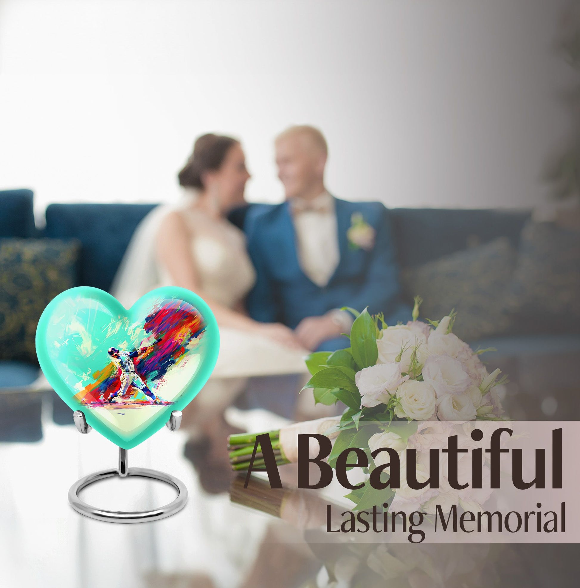 Heart-shaped baseball cremation urn