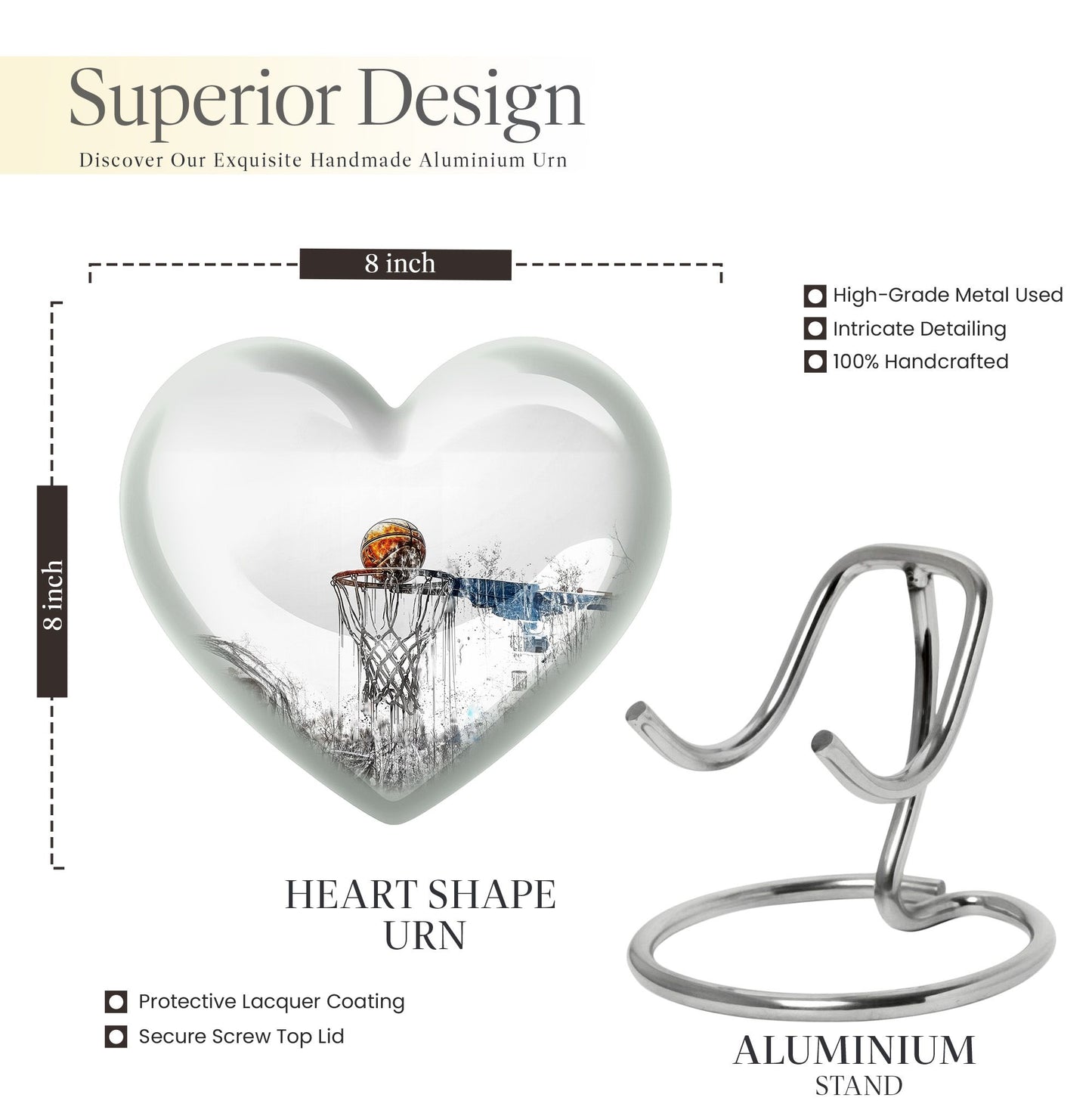 10-inch heart-shaped Basketball Urn for human ashes, 