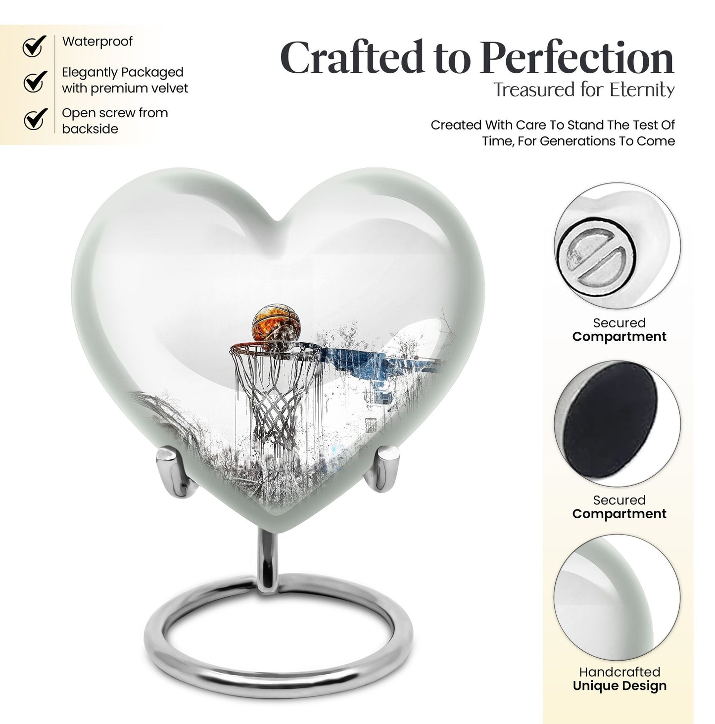 10-inch heart-shaped Basketball Urn for human ashes, 