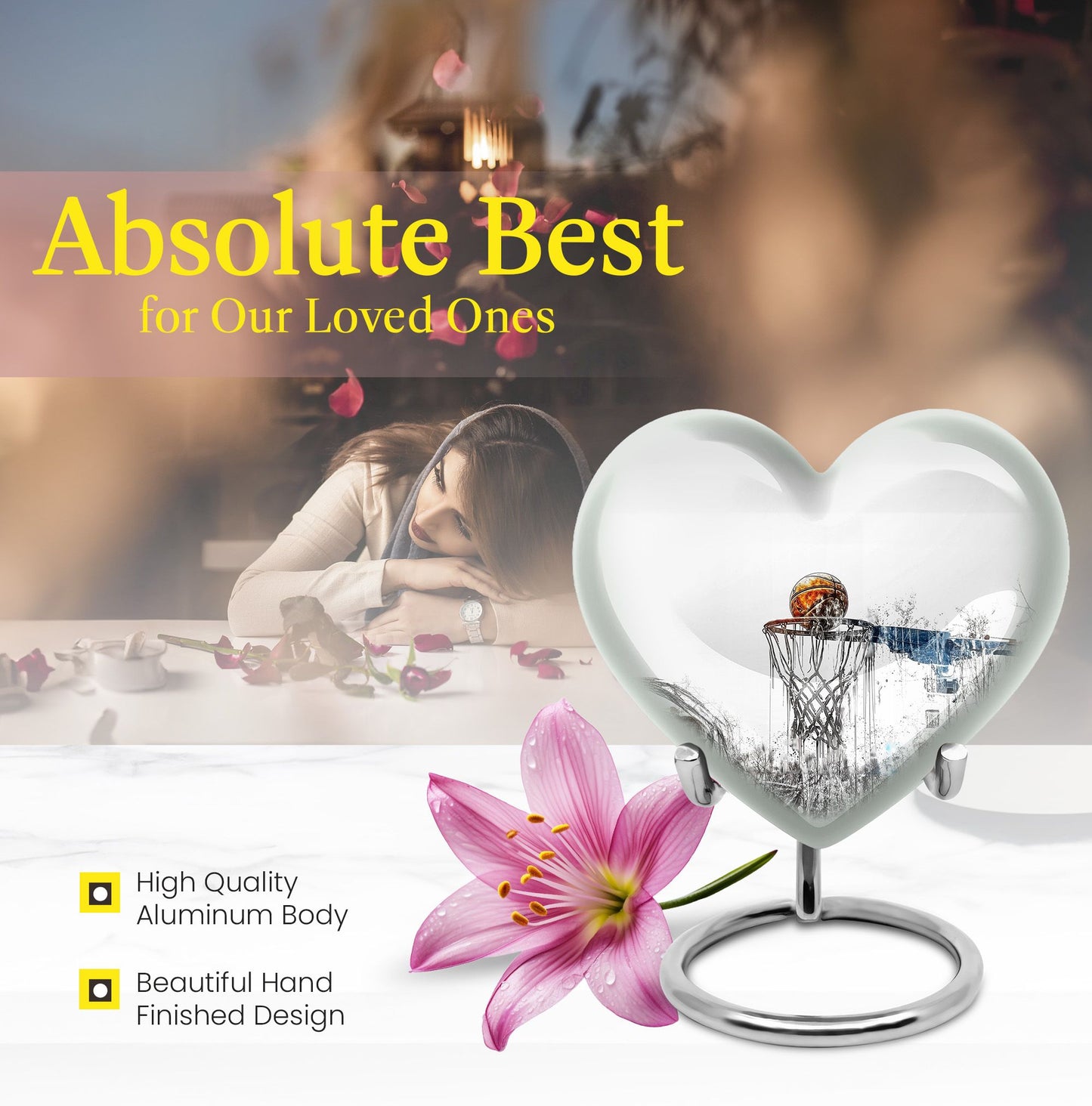 10-inch heart-shaped Basketball Urn for human ashes, 