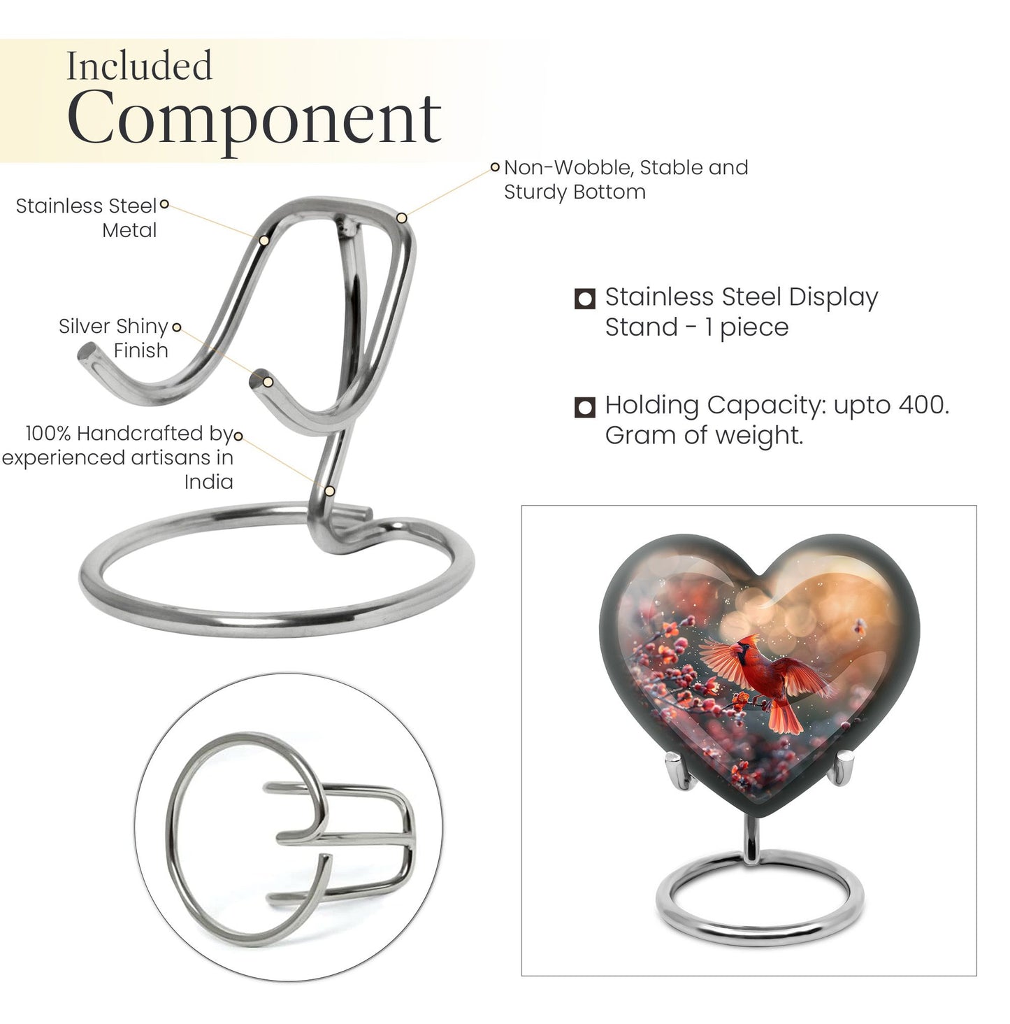 10-inch Cardinal Bird Heart Urn for cremation ashes 
