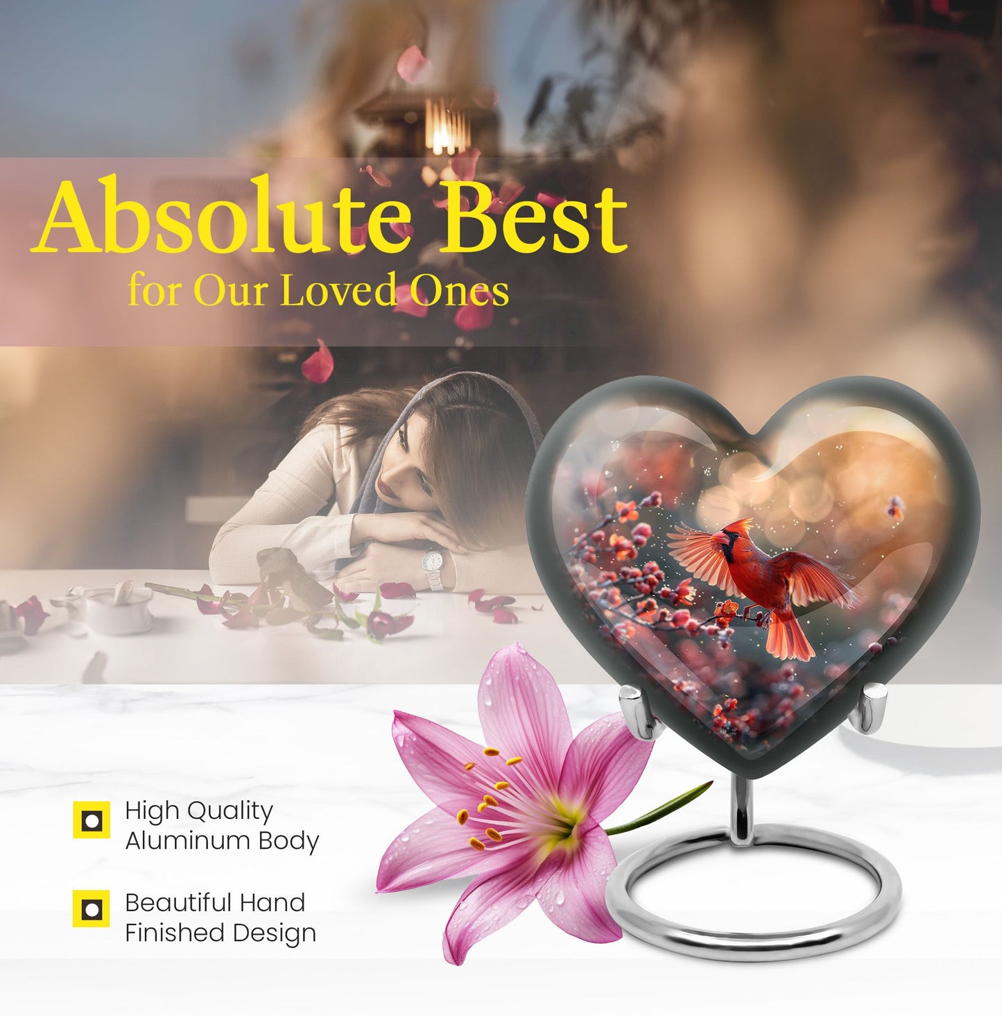 10-inch Cardinal Bird Heart Urn for cremation ashes 
