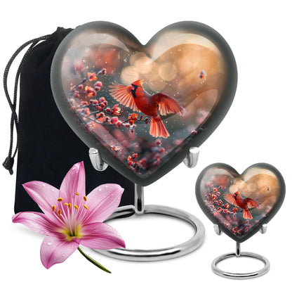 10-inch Cardinal Bird Heart Urn for cremation ashes 