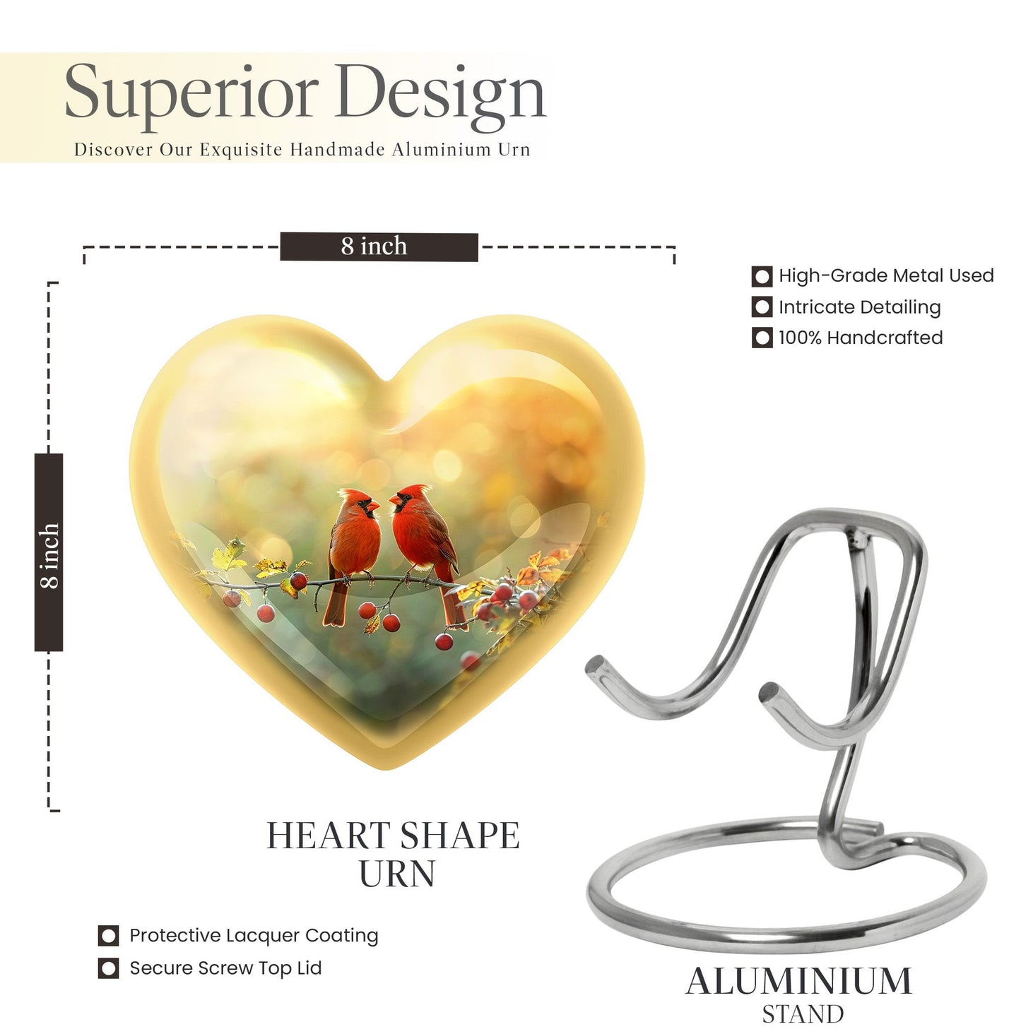 10-inch Cardinal Bird Heart Urn,
