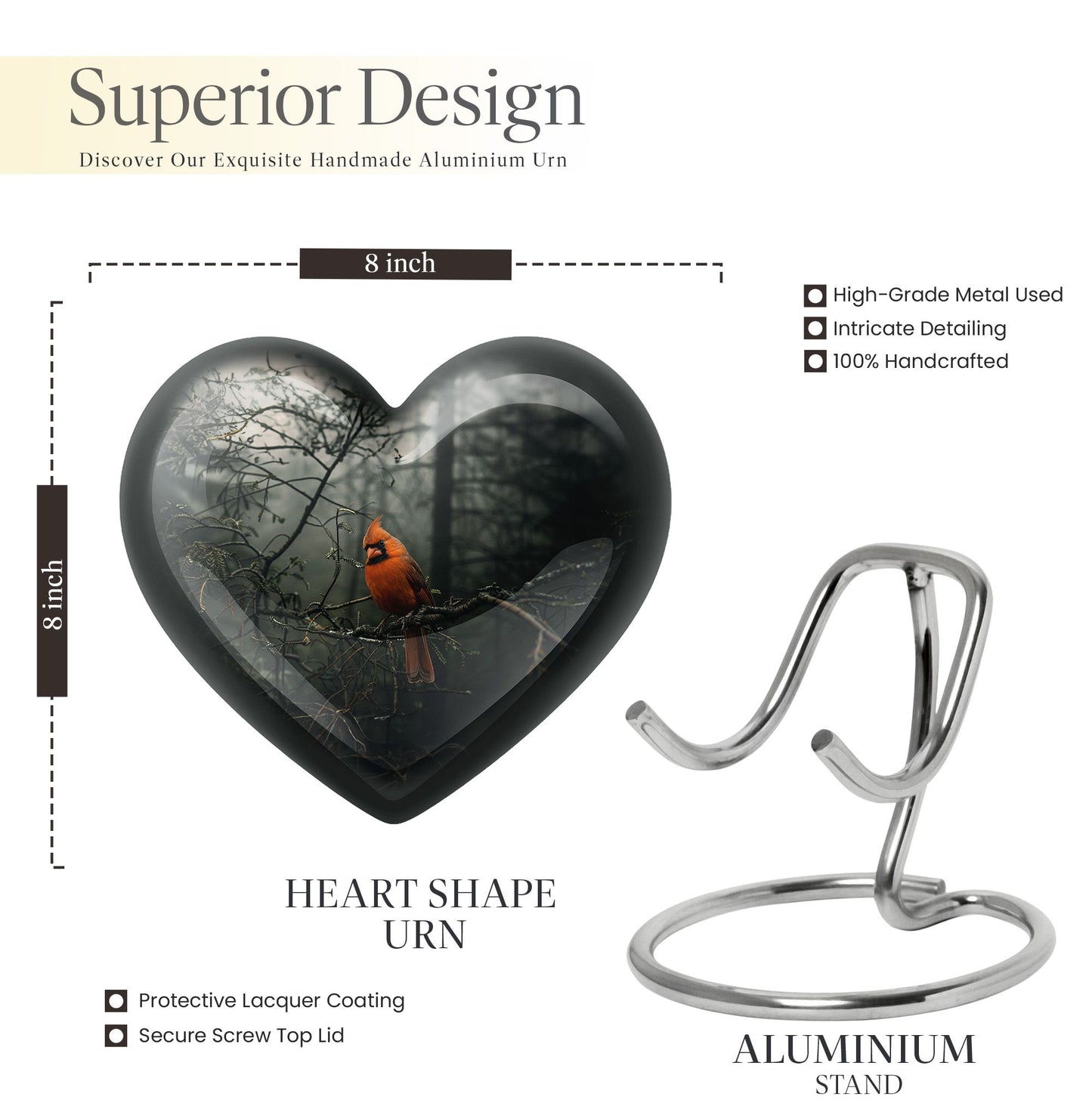 10-inch Cardinal Bird Urn, heart design cremation urn 