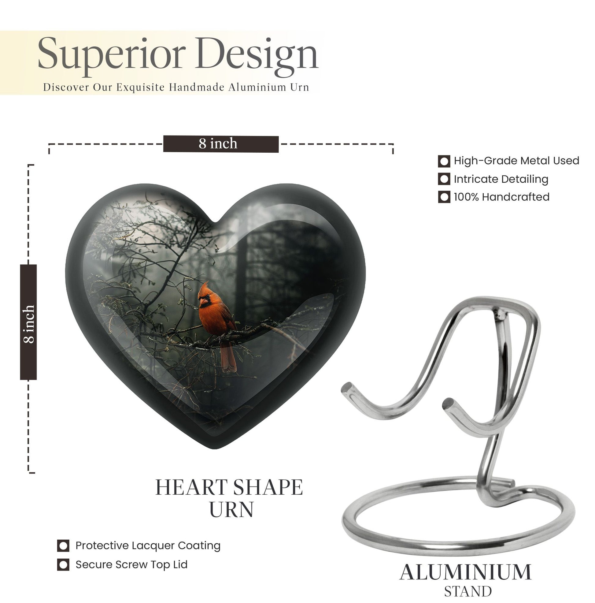 10-inch Cardinal Bird Urn, heart design cremation urn 