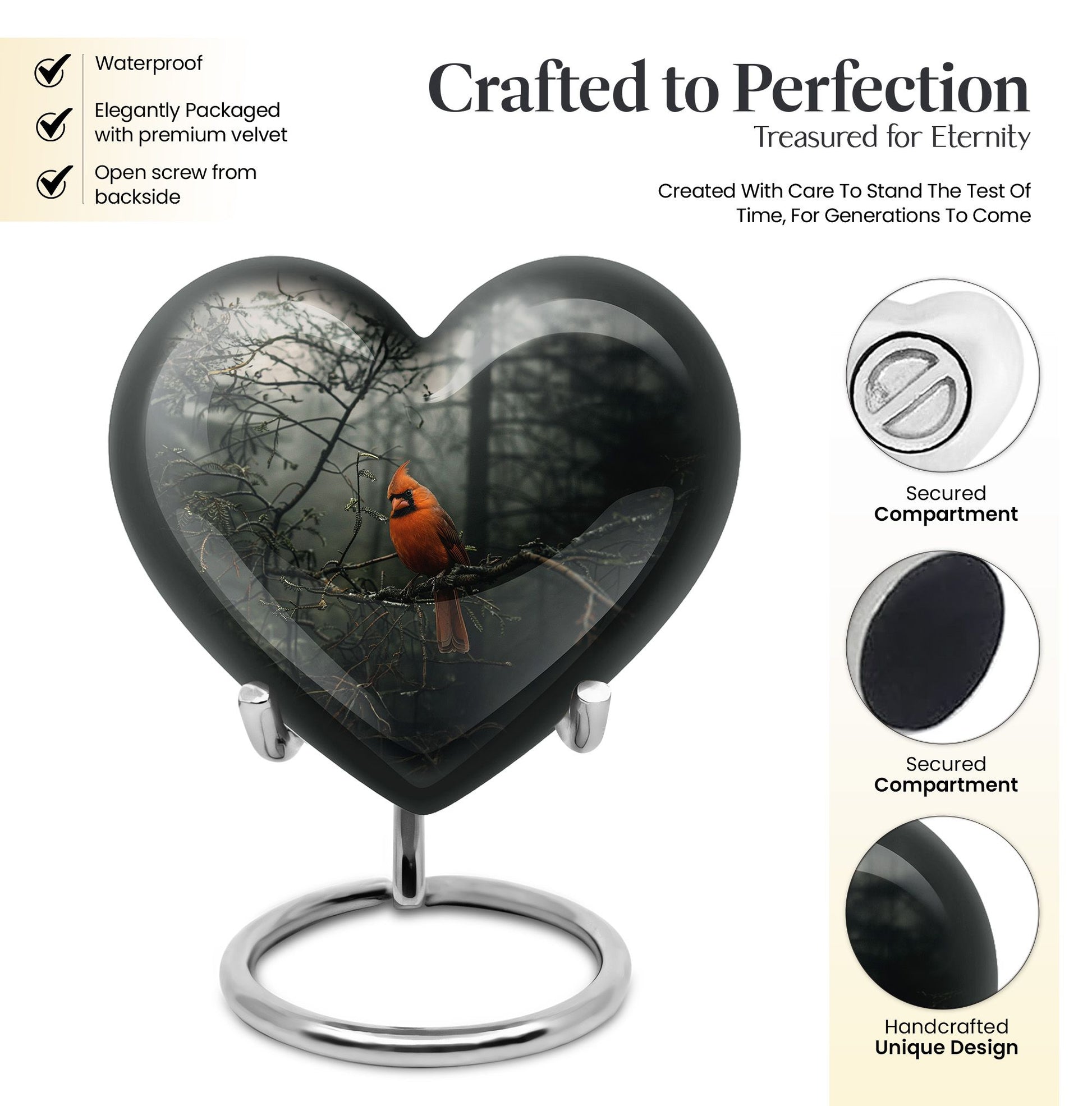 10-inch Cardinal Bird Urn, heart design cremation urn 