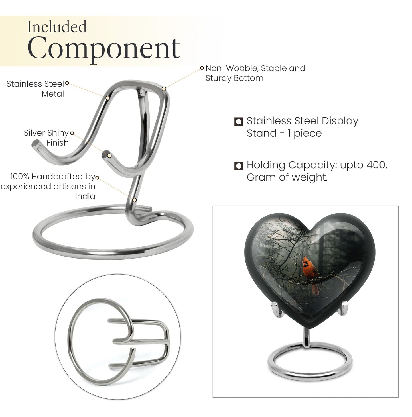 10-inch Cardinal Bird Urn, heart design cremation urn 