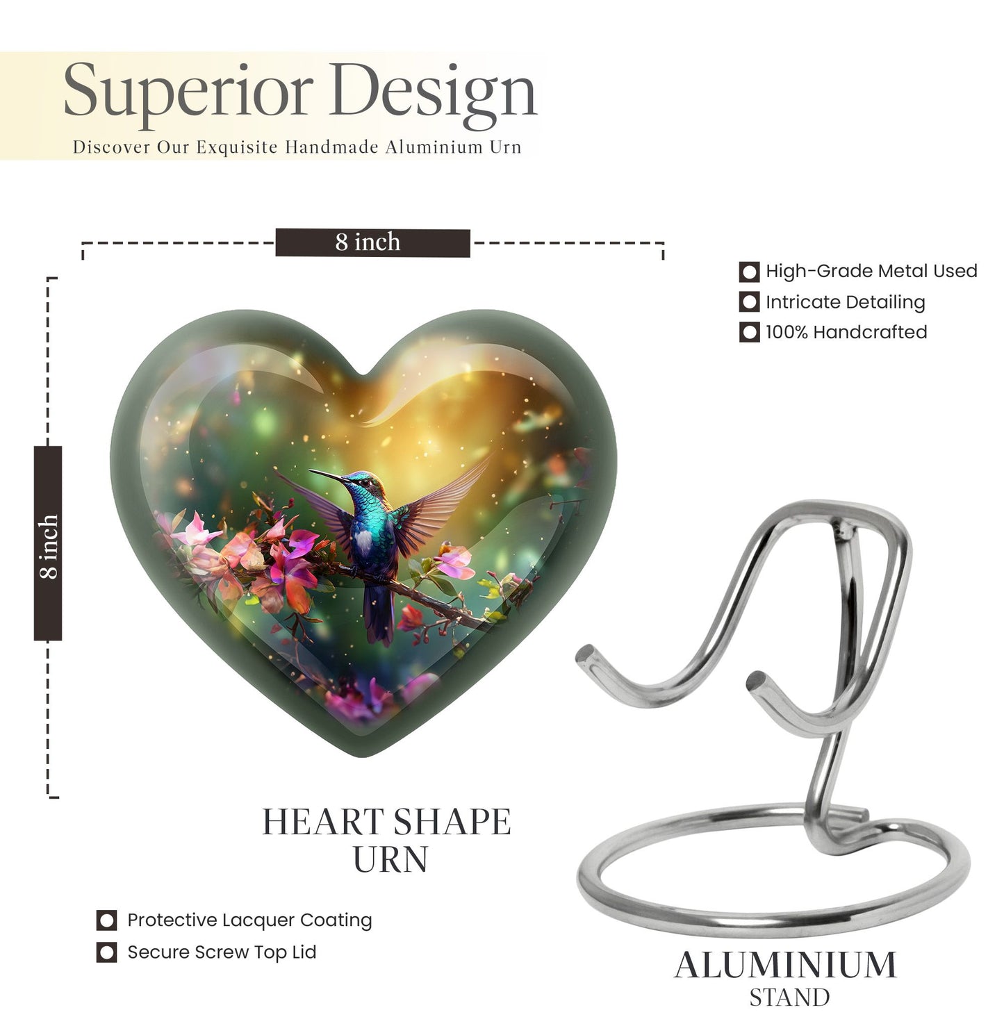 10-inch heart-shaped hummingbird urn