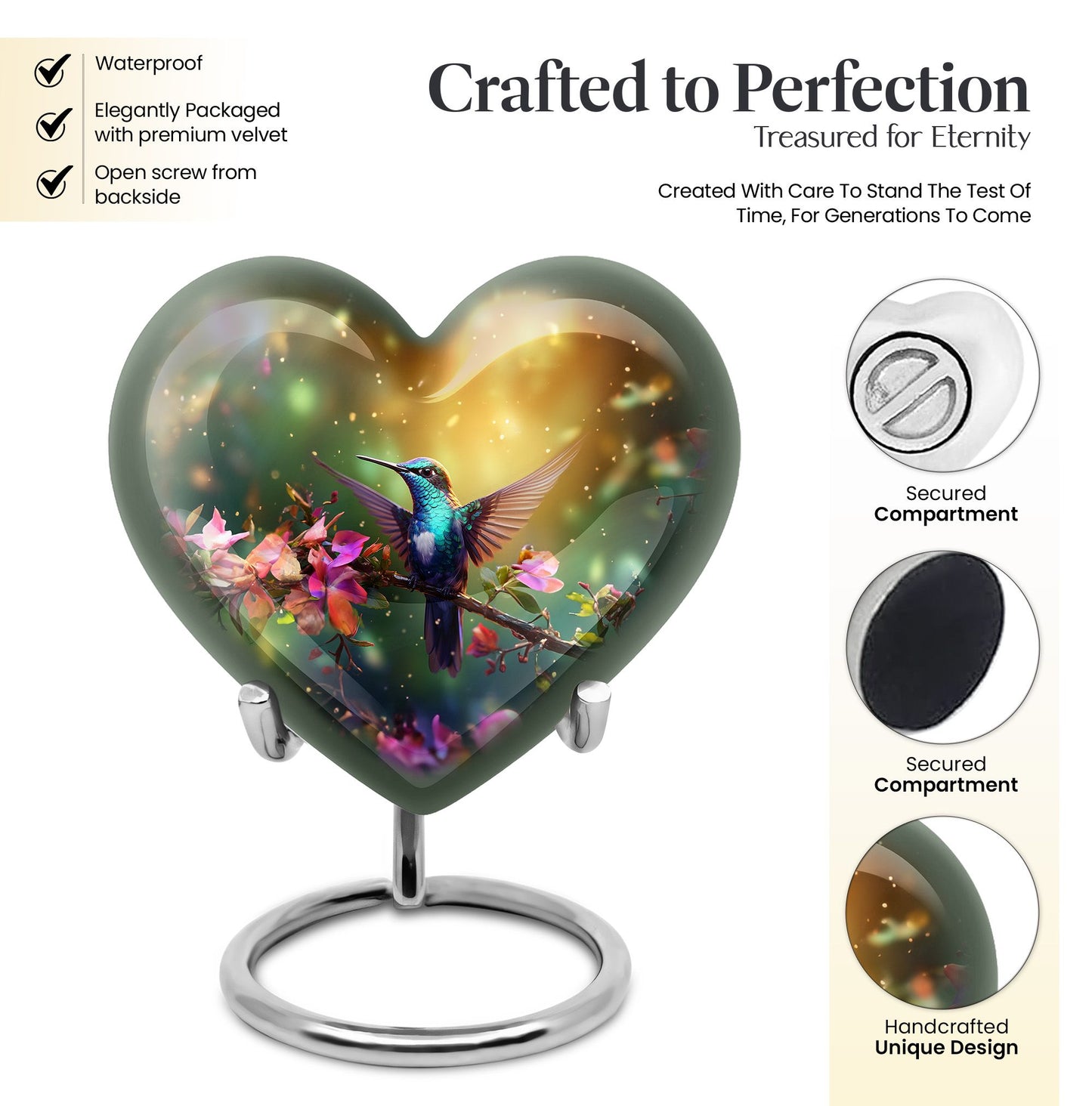 10-inch heart-shaped hummingbird urn