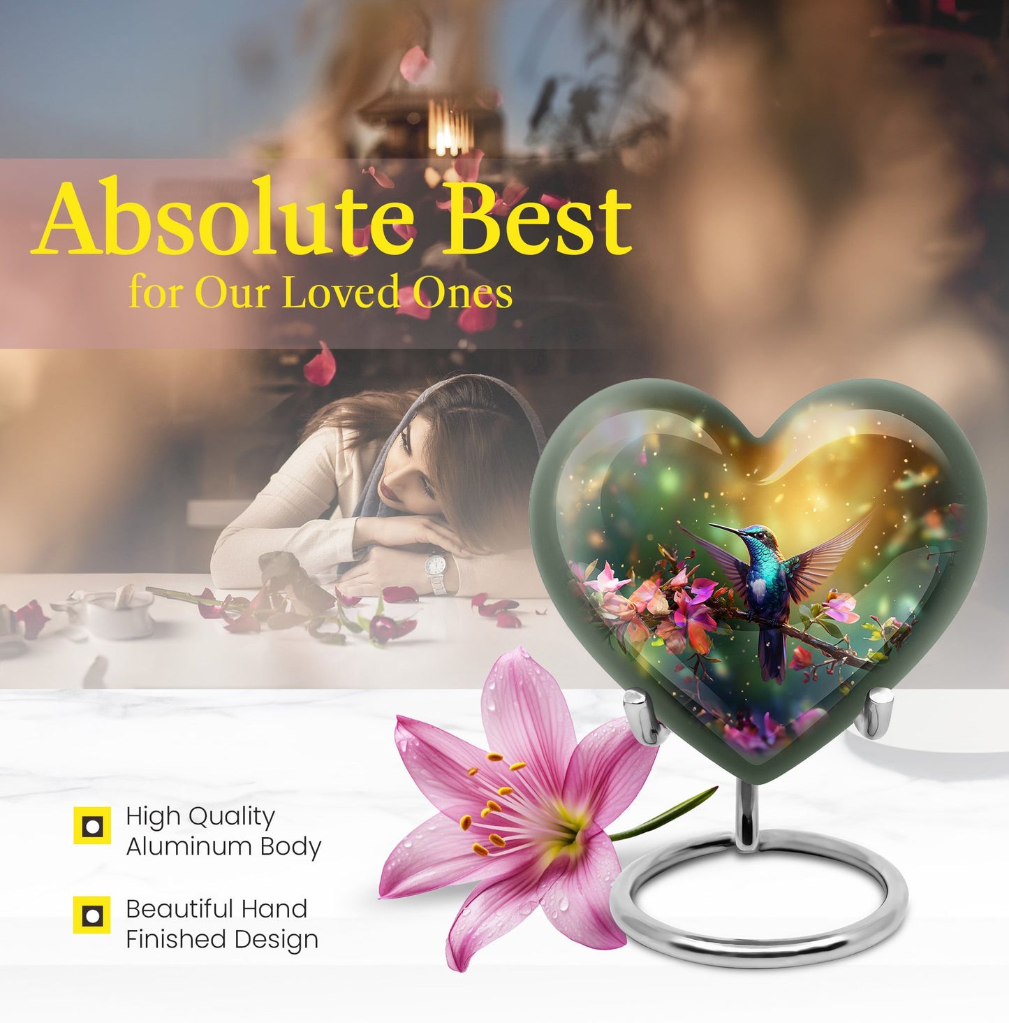 10-inch heart-shaped hummingbird urn