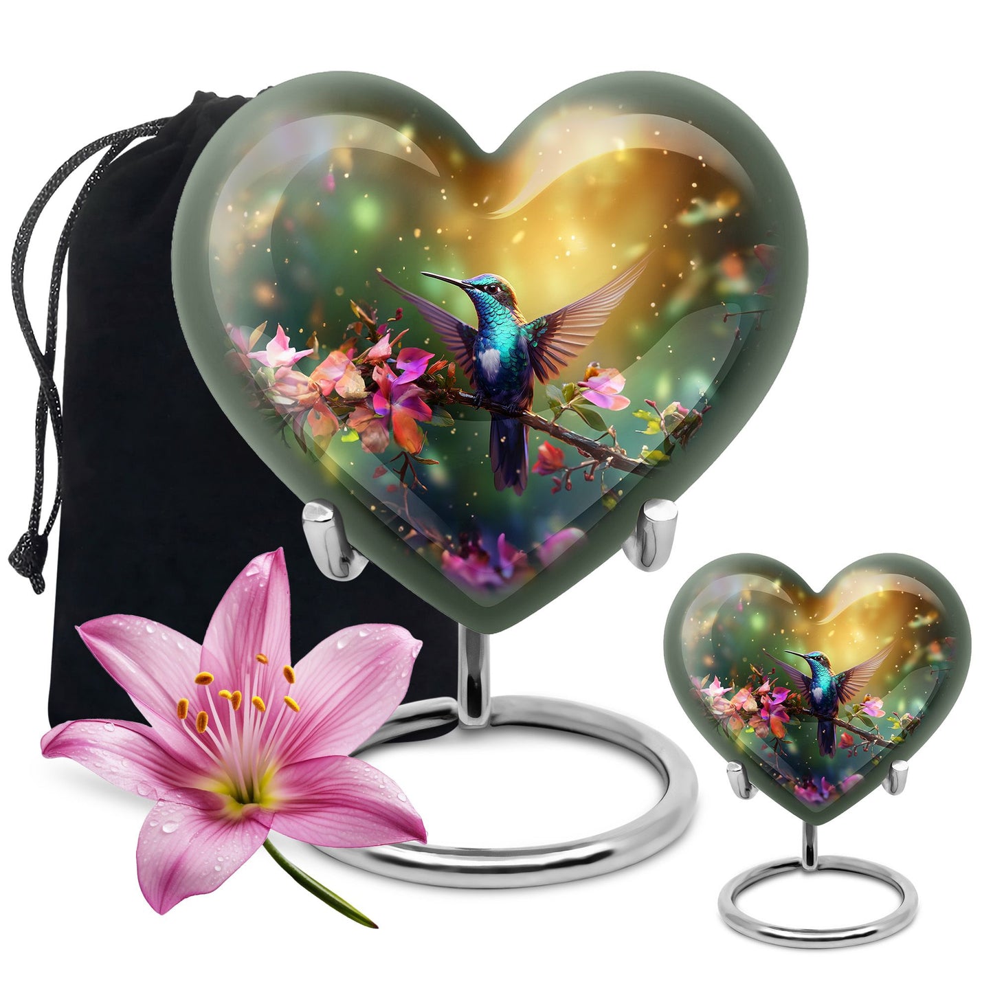 10-inch heart-shaped hummingbird urn