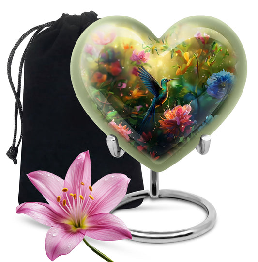 10-inch heart-shaped humming birds urn for ashes,