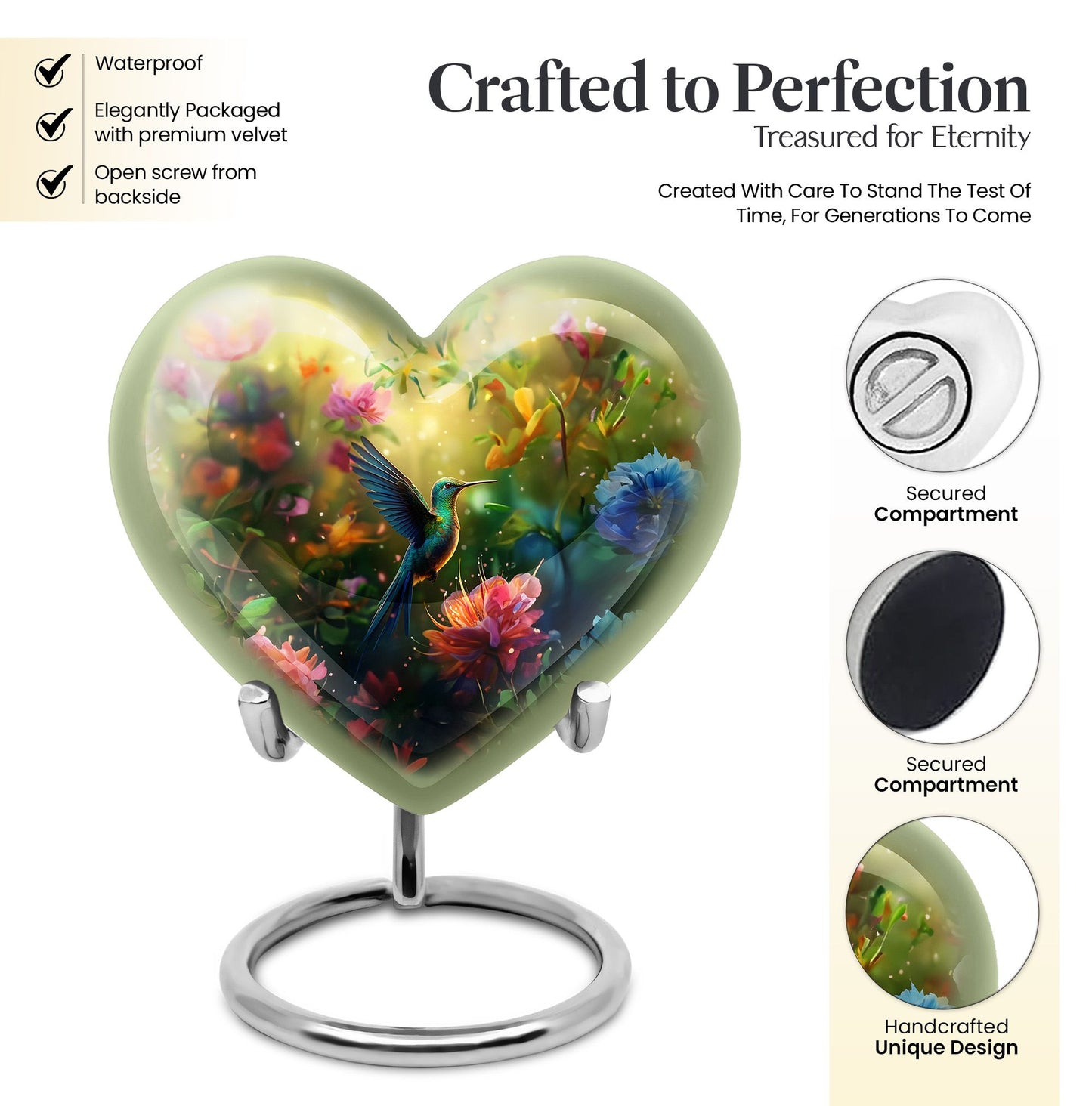 10-inch heart-shaped humming birds urn for ashes,