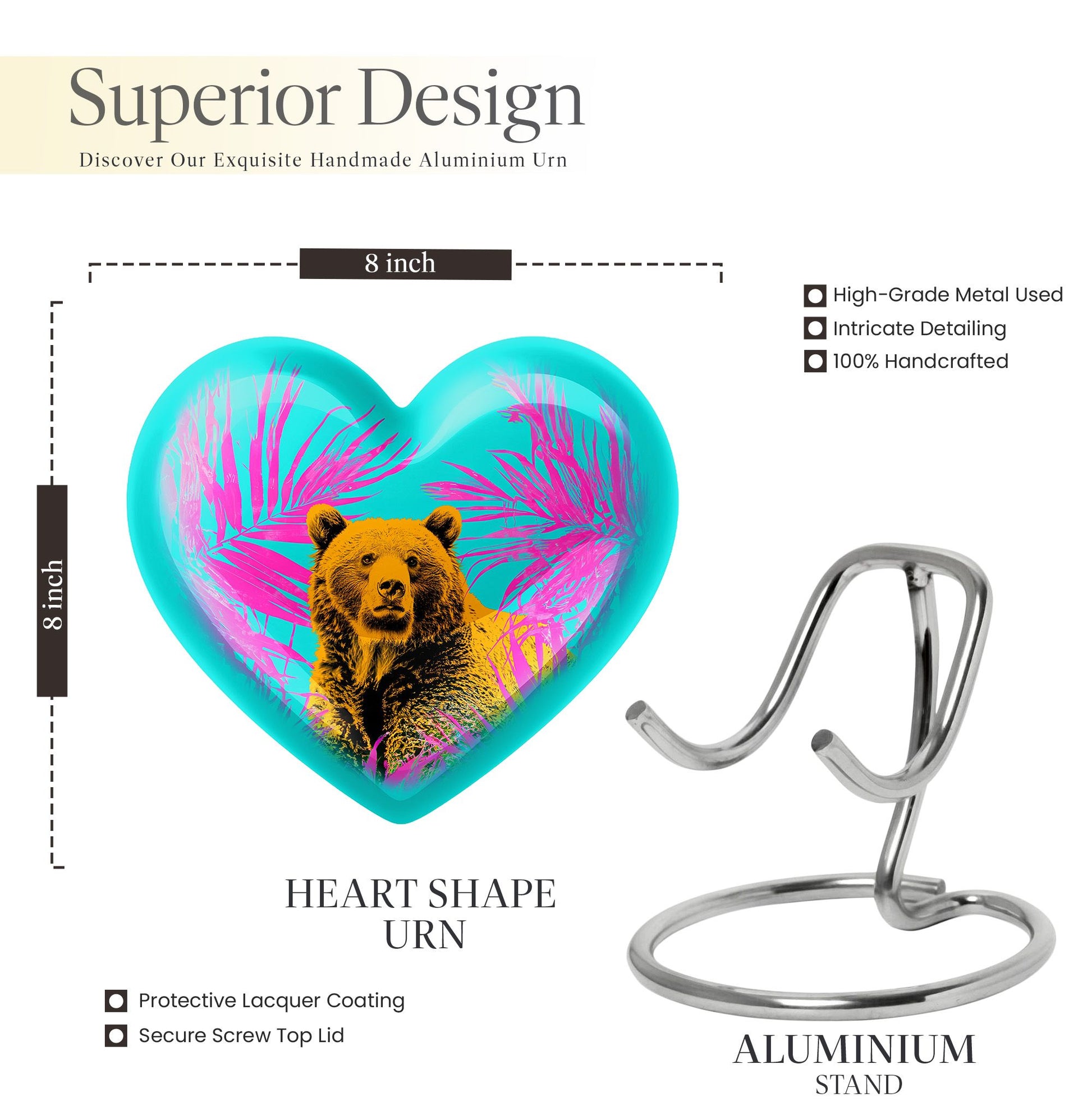10-inch aluminum heart urn, unique burial container 