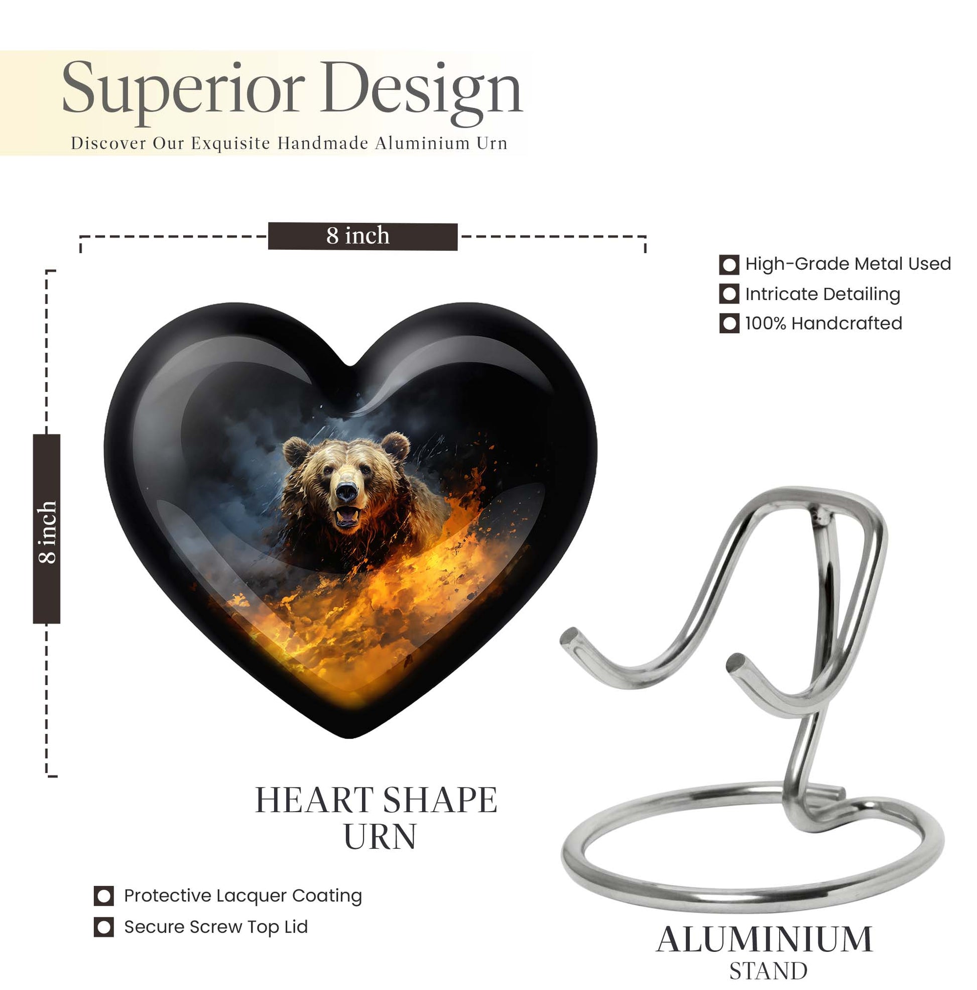 10-inch heart-shaped bear urn for human ashes, 