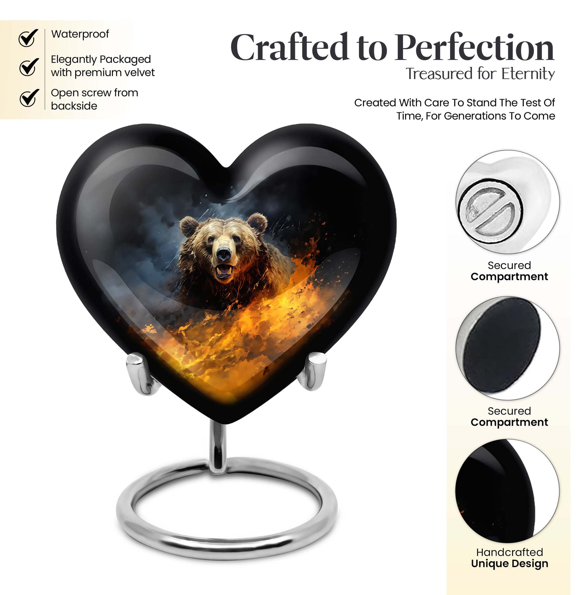 10-inch heart-shaped bear urn for human ashes, 