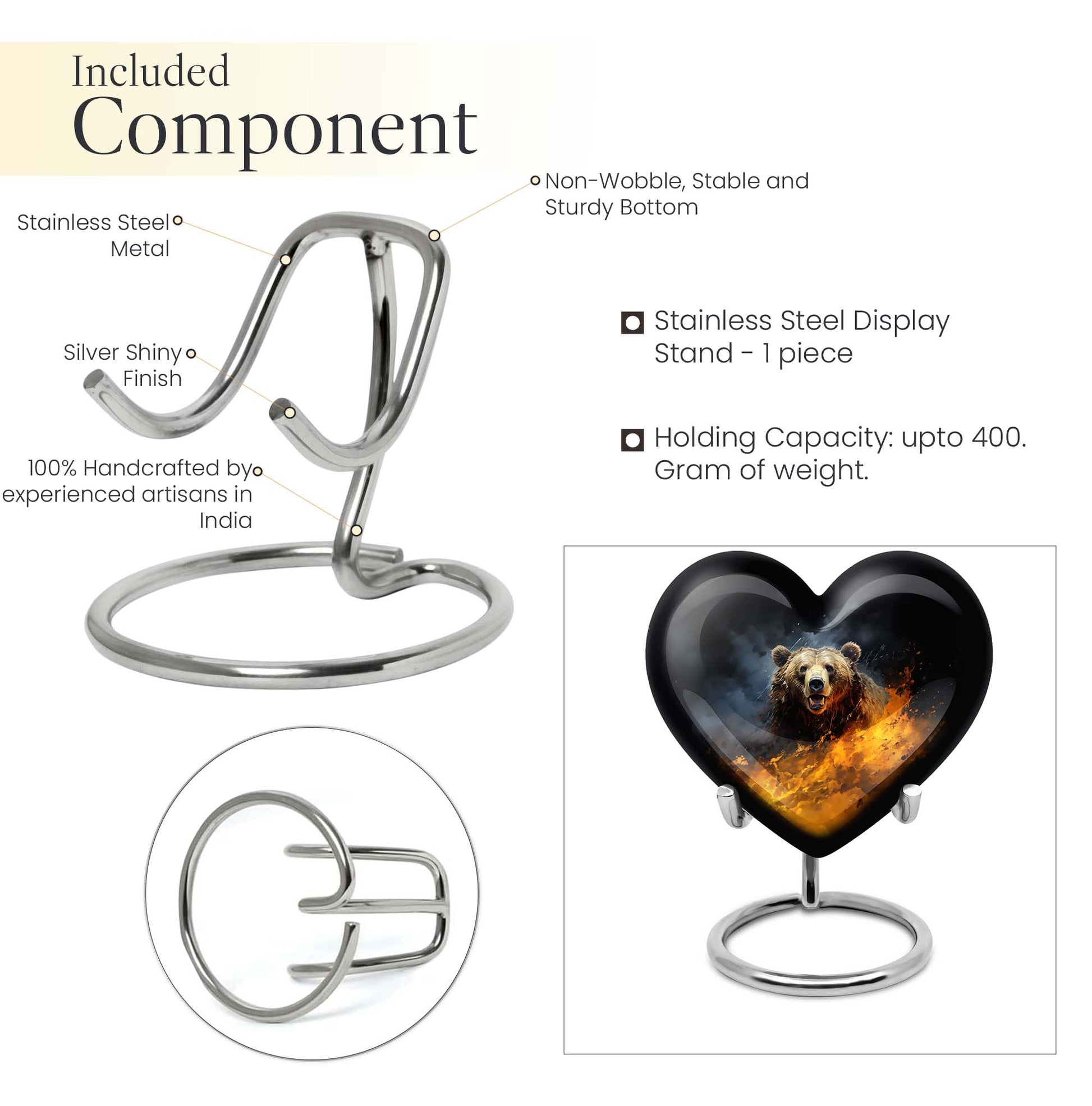 10-inch heart-shaped bear urn for human ashes, 
