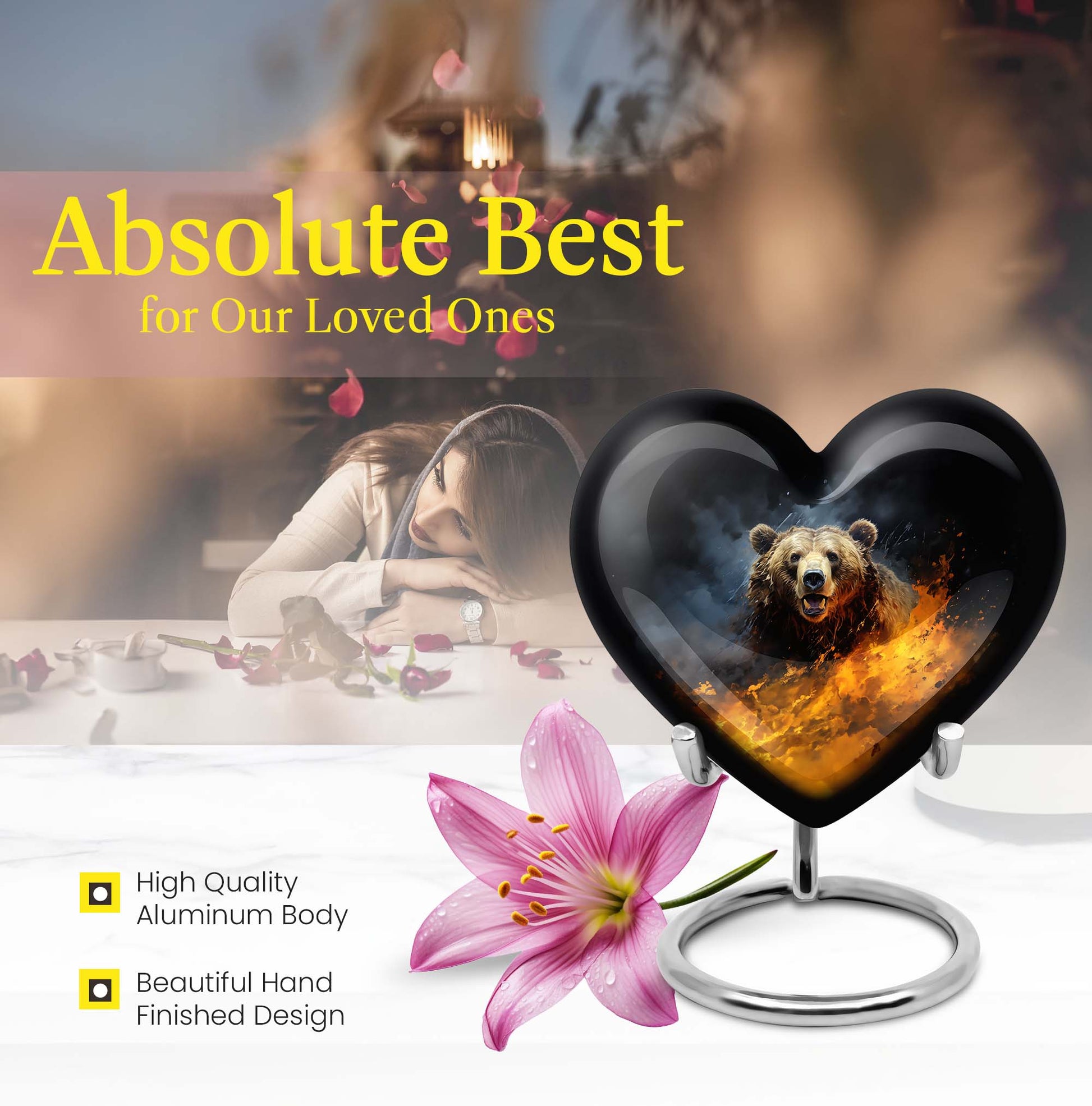 10-inch heart-shaped bear urn for human ashes, 