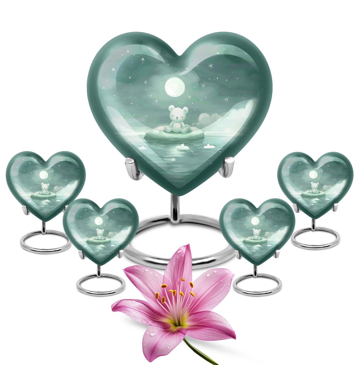 heart-shaped aluminium bear urn.