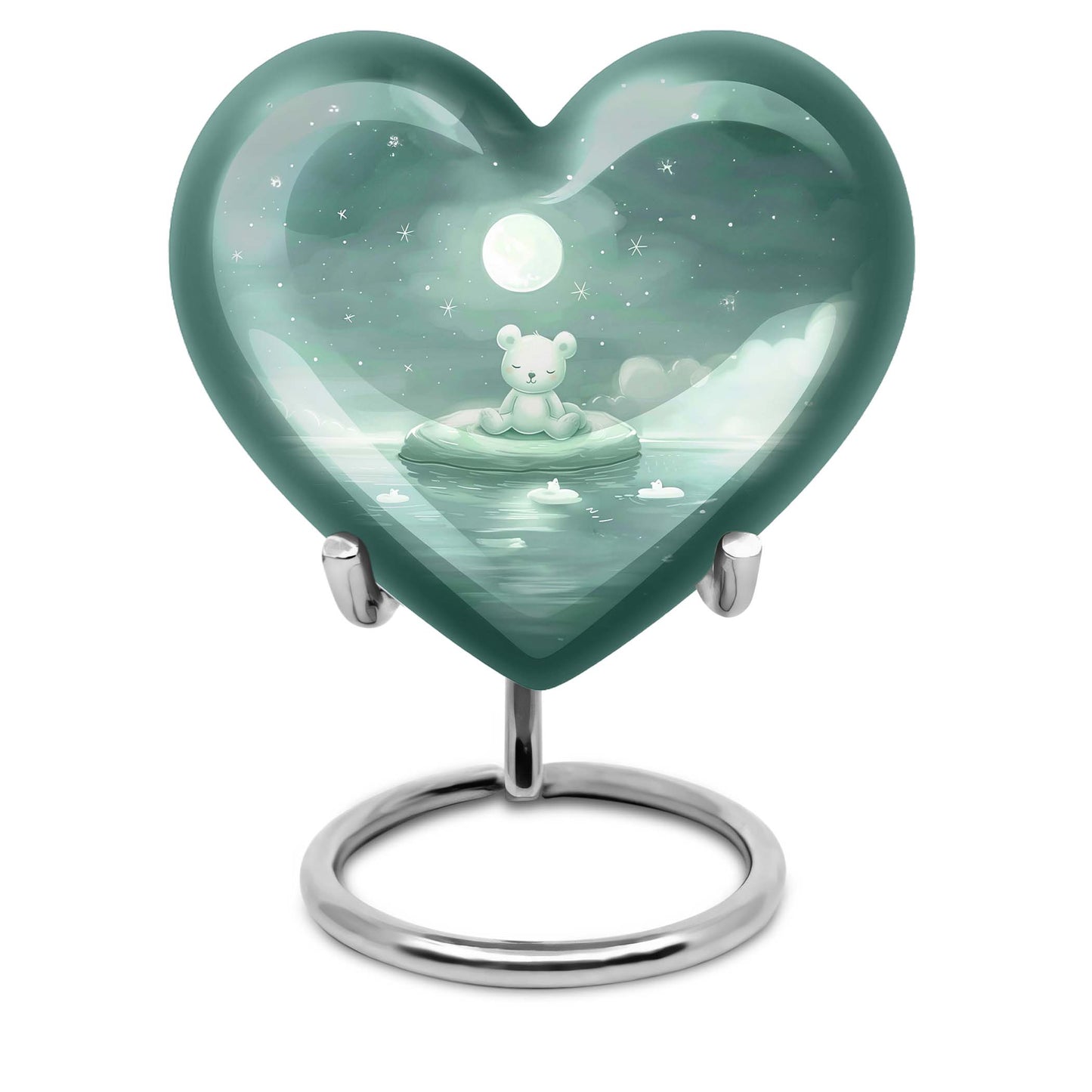 heart-shaped aluminium bear urn.