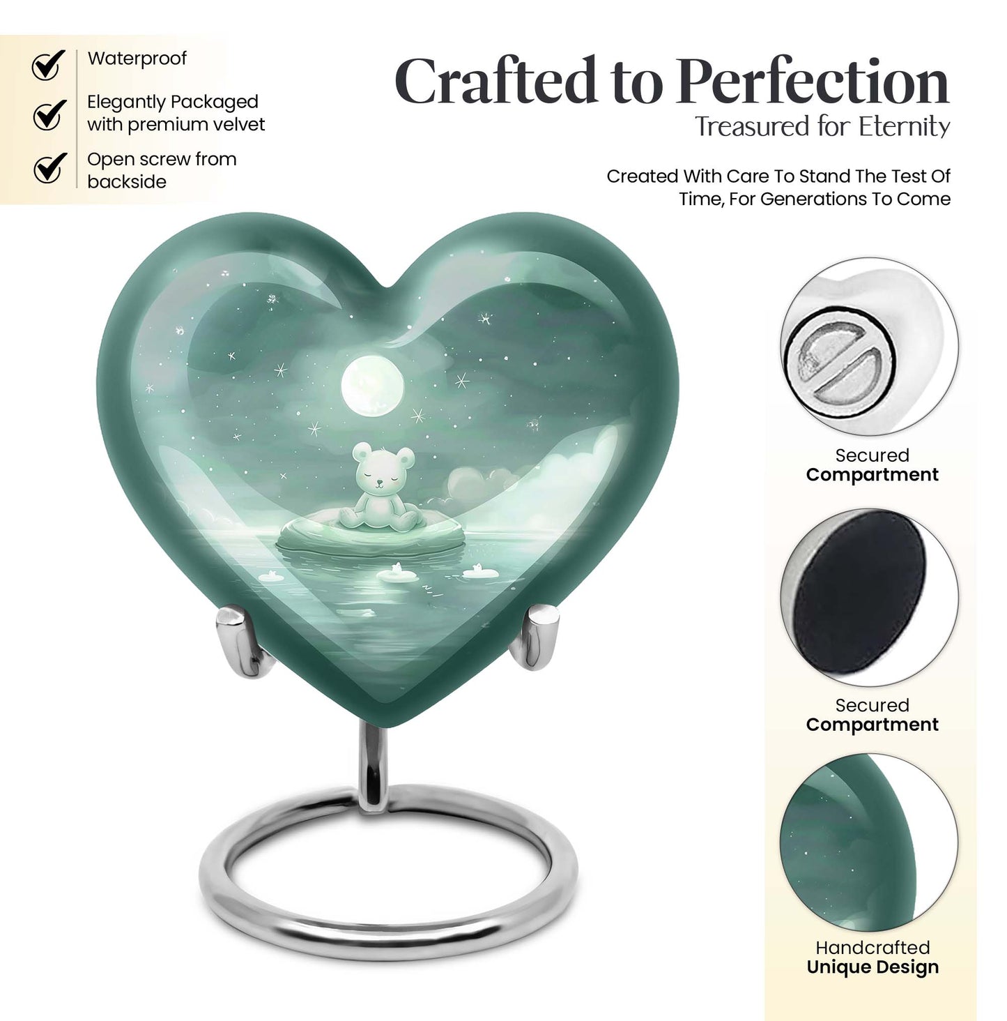 heart-shaped aluminium bear urn.