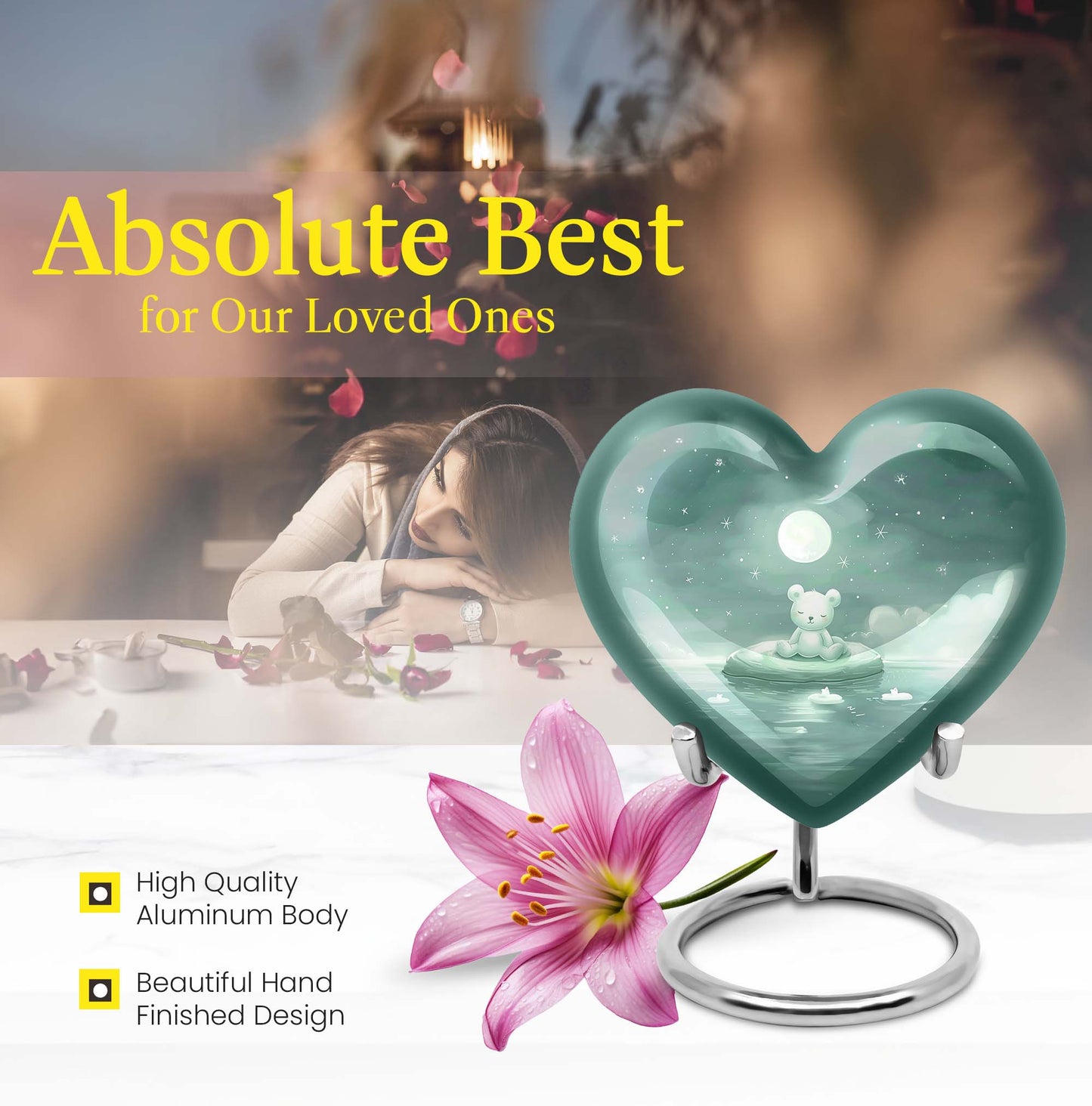 heart-shaped aluminium bear urn.