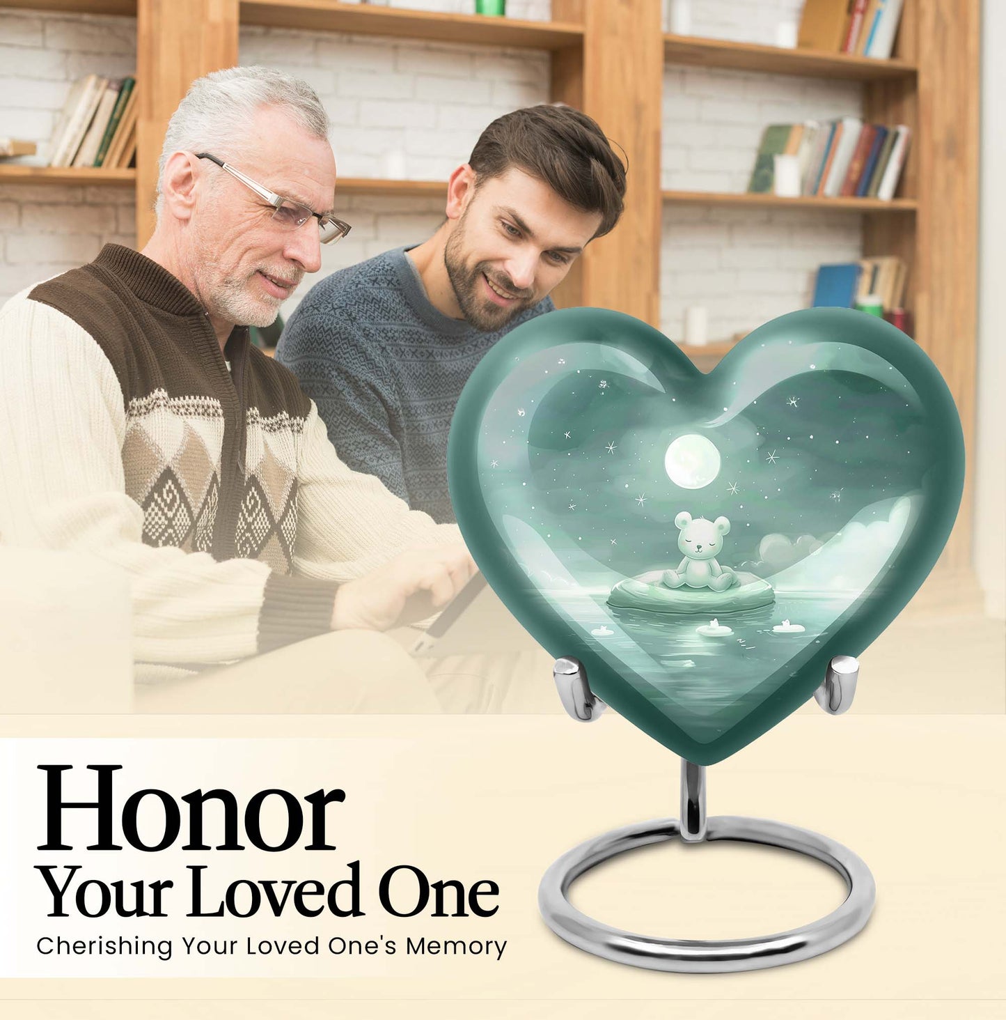 heart-shaped aluminium bear urn.