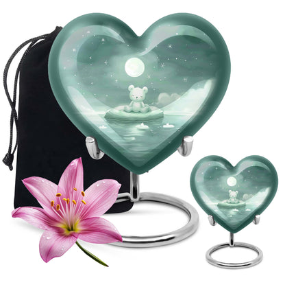 heart-shaped aluminium bear urn.