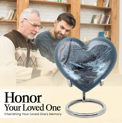 Mountains Urn, a heart-shaped 10 inch aluminium funeral urn