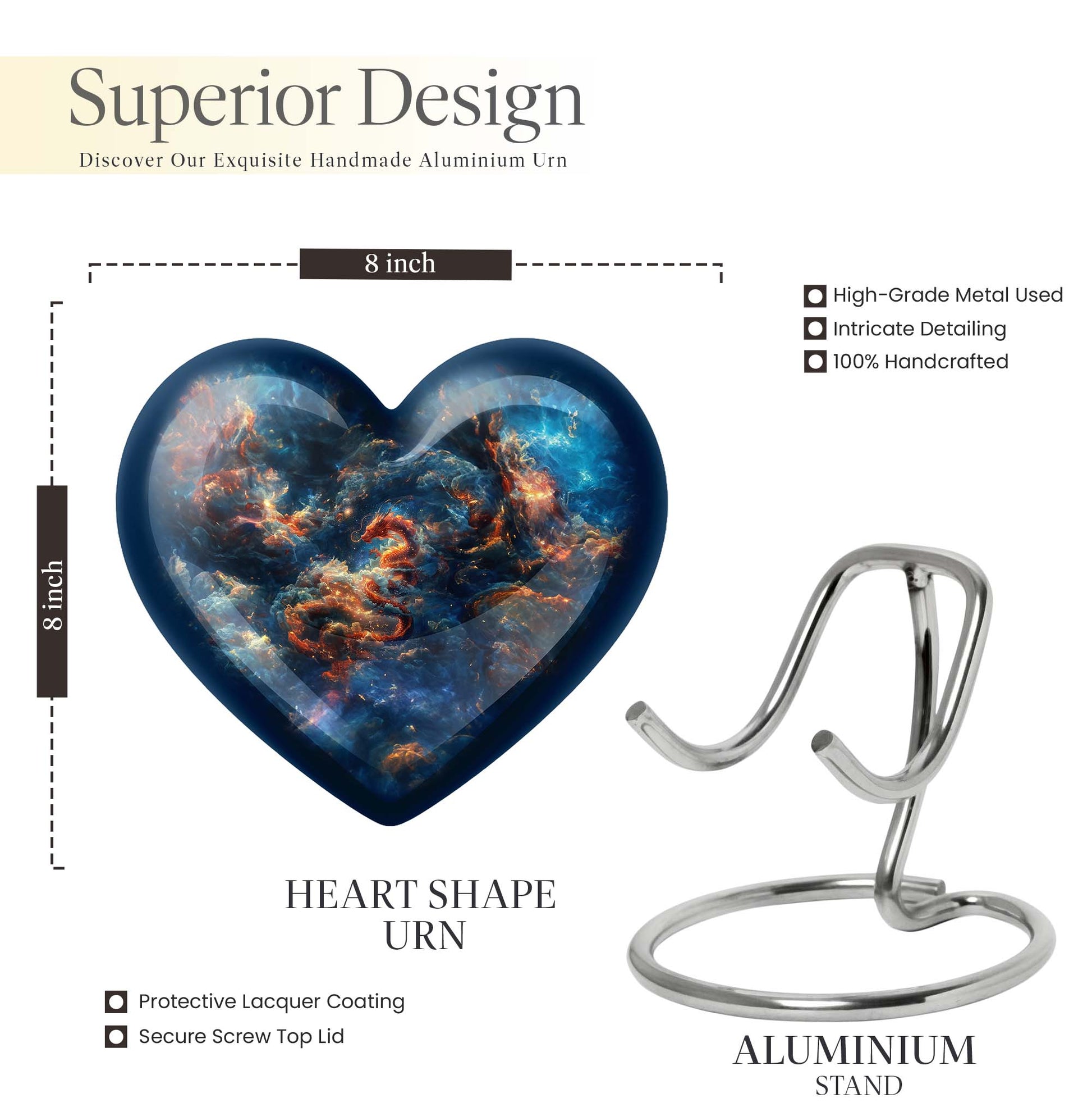 10-inch dragon urn in abstract heart design,