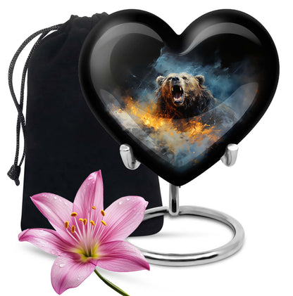 10-inch Grizzly bear urn, heart-shaped aluminium