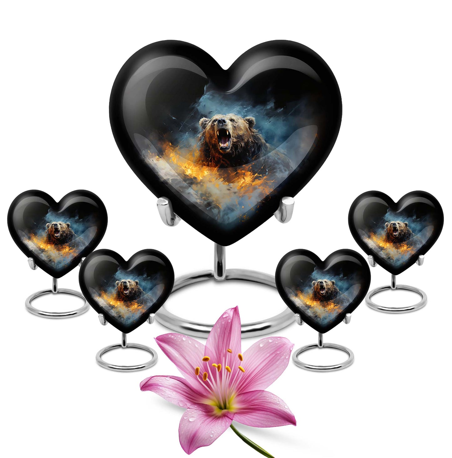 10-inch Grizzly bear urn, heart-shaped aluminium