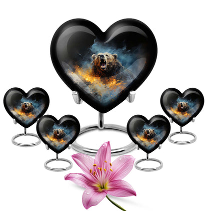 10-inch Grizzly bear urn, heart-shaped aluminium