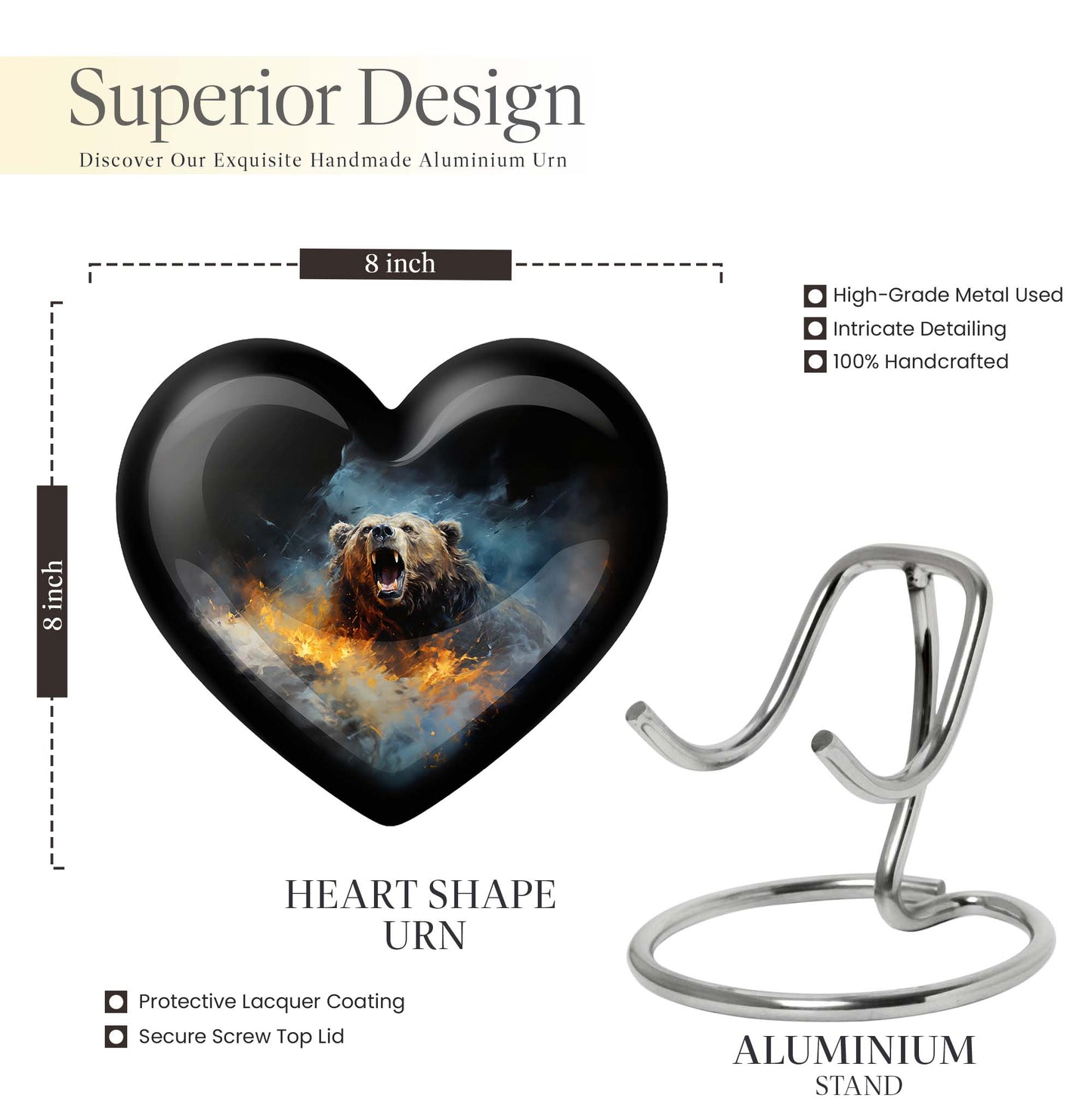 10-inch Grizzly bear urn, heart-shaped aluminium