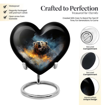 10-inch Grizzly bear urn, heart-shaped aluminium