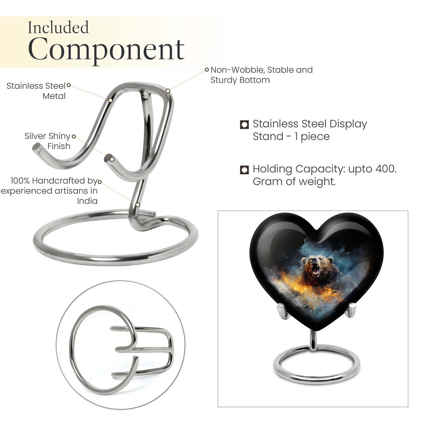 10-inch Grizzly bear urn, heart-shaped aluminium