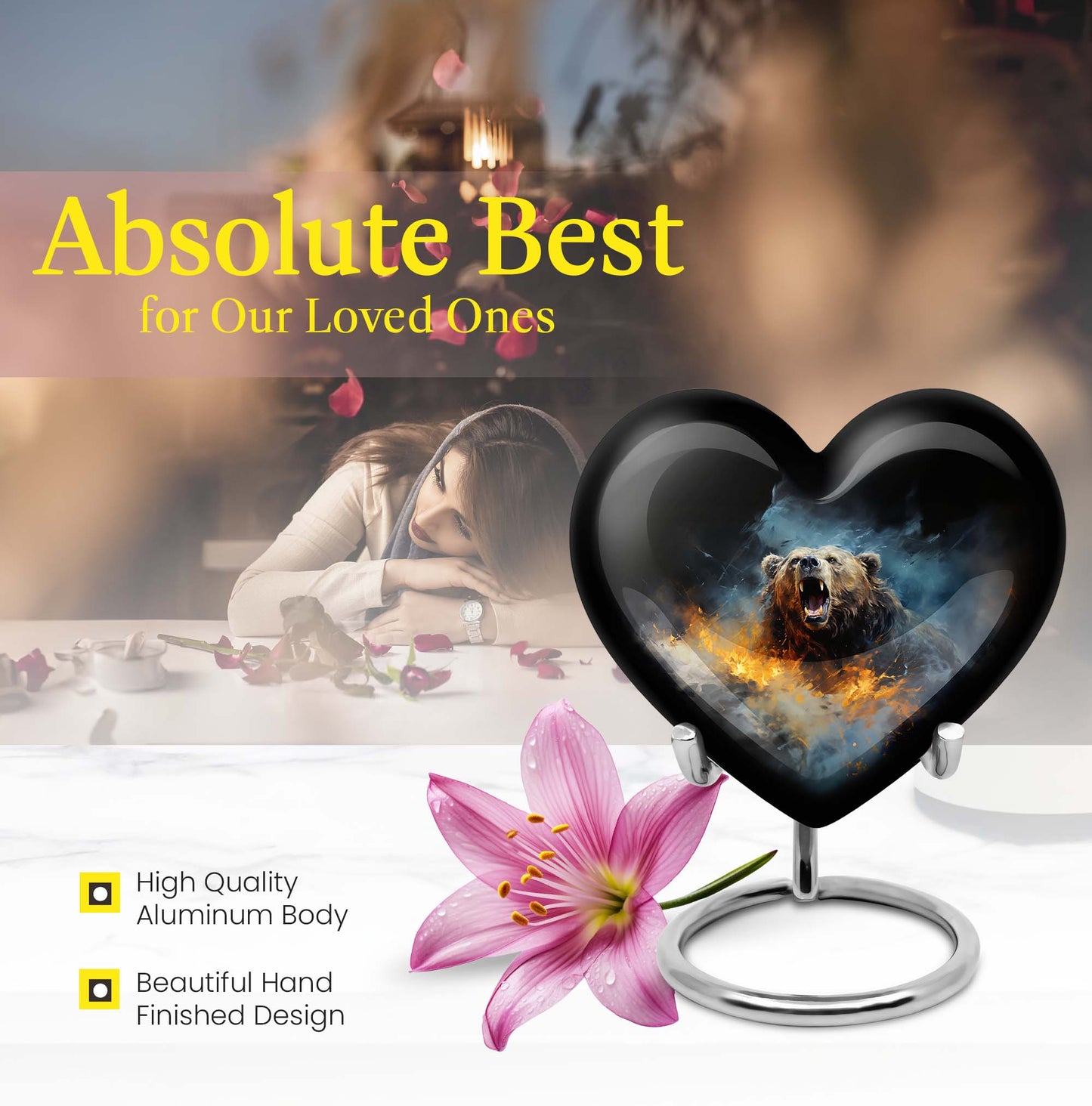 10-inch Grizzly bear urn, heart-shaped aluminium