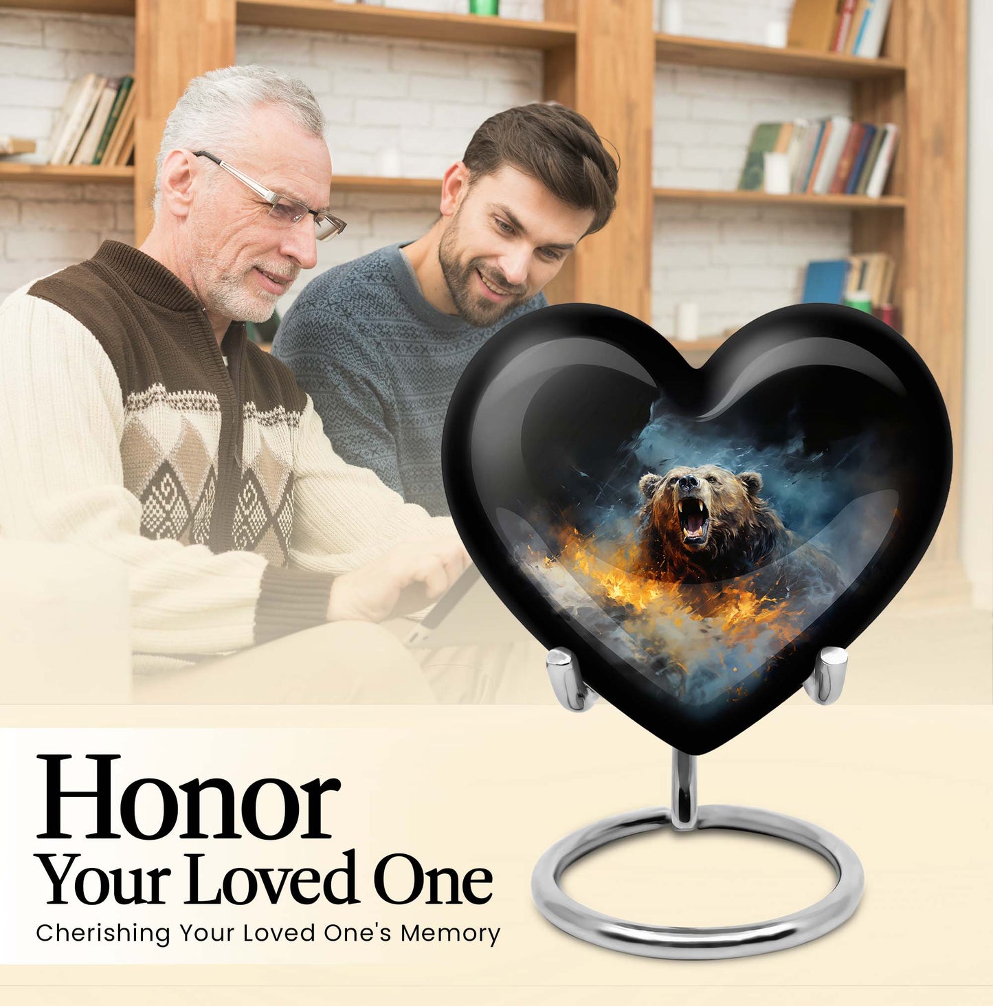 10-inch Grizzly bear urn, heart-shaped aluminium