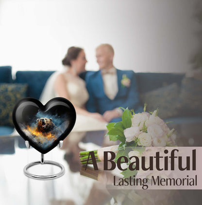 10-inch Grizzly bear urn, heart-shaped aluminium
