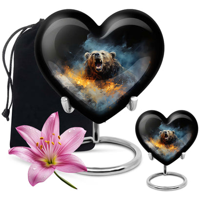 10-inch Grizzly bear urn, heart-shaped aluminium