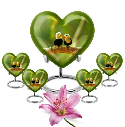 heart-shaped Puffin bird urn for human ashes