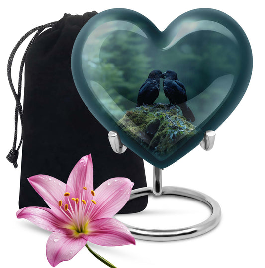 Heart-shaped crow cremation urn