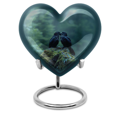 Heart-shaped crow cremation urn
