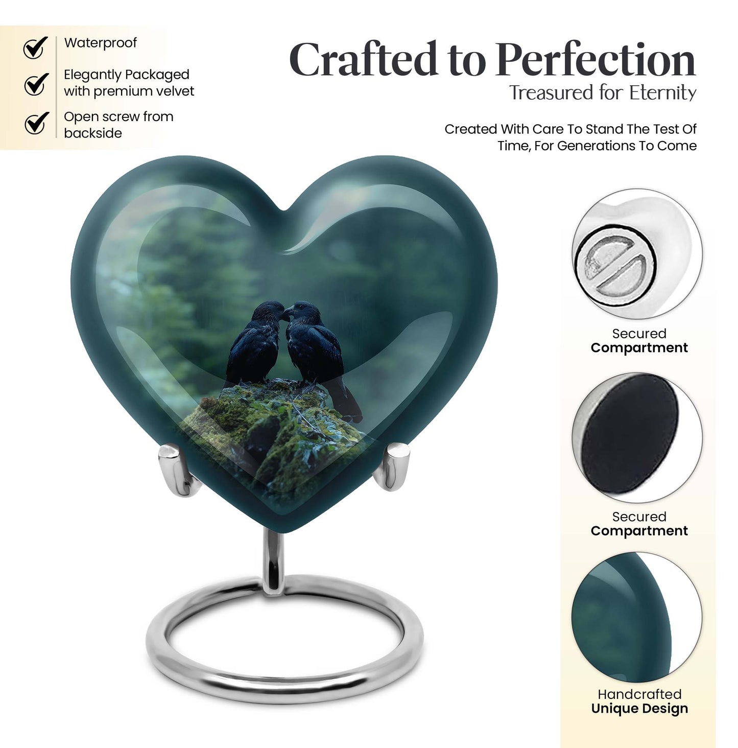 Heart-shaped crow cremation urn