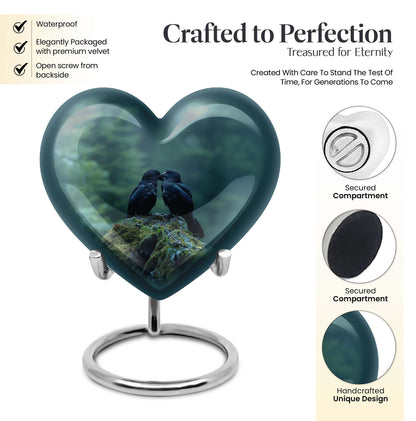 Heart-shaped crow cremation urn