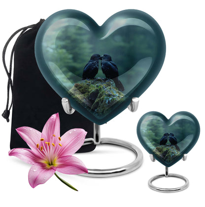 Heart-shaped crow cremation urn