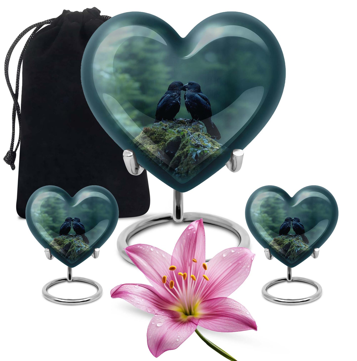 Heart-shaped crow cremation urn